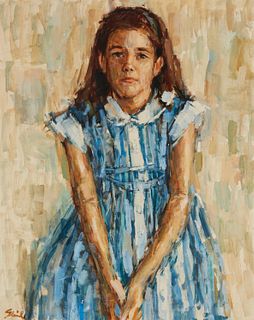 Shirl Goedike (b. 1923), Girl in a blue dress, Oil on canvas, 30" H x 24" W