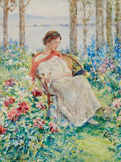 Mary Wilson Hubbard (b. 1871-n.d), Woman seated in garden, Oil on canvas, 18.5" H x 14.25"