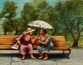 Attributed to Marta Becket (1924-2017), Women on a park bench, 1982, Oil on canvas, 8" H x 10" W