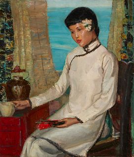David Tauszky (1878-1972), Woman seated with fan and teacup, Oil on canvas laid to waxed canvas, 24" H x 20.25" W