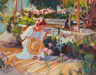 Alice Barrett, (20th Century, American), "In a Garden Place" , Oil on canvas, 16" H x 20" W
