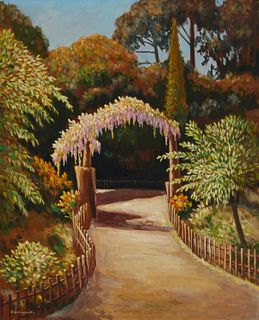 Nikolay Gelikhovsky (1898-1992), Flower archway in a park, Oil on artist board, 22" H x 18.5" W