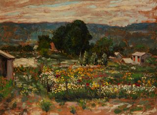Nikolay Gelikhovsky (1898-1992), Flower garden, 1939, Oil on artist board, 17.25" H x 23.5" W