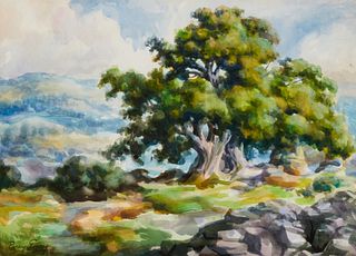 Percy Gray (1869-1952), Landscape with oak trees, Watercolor on paper, Sight: 13.75" H x 19" W