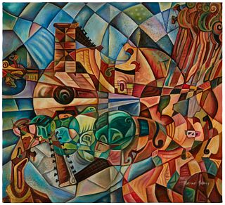 Ricardo Maya (b. 1969), "Enounto paru mandelina y chelo," 2004, Oil on canvas with collage, 29.5" H x 31.75" W