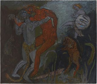 20th Century Continental School, "The Devil, the Damned, the Dog," 1983, Oil on canvas, 43" H x 50.75" W