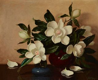A. D. Greer (1904-1998), White magnolias in red vase, Oil on canvas, 30" H x 36.25" W