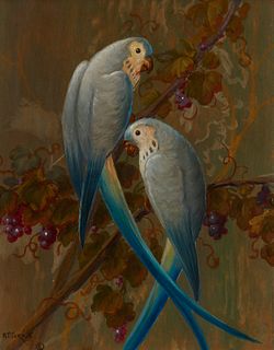 Alfonso T. Toran (1896-1965), Two blue lovebirds, Oil on board, 10" H x 8" W