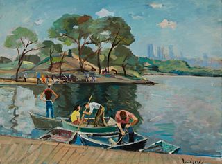 Nicolai Cikovsky (1894-1984), "Boating in Central Park," Oil on canvas, 18" H x 24" W