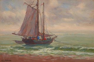 Frederick Carl Smith, (1868-1955, Pasadena, CA), "Sailboat Outside Surf Line", Oil on panel, Sight: 5.75" H x 8.75" W