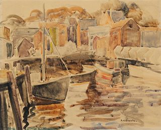 Anna Katharine Skeele (1896 - 1963), Massachusetts harbor scene, Watercolor on paper laid to support sheet, 16.25" H x 20" W; Support Sheet: 24" H x 2