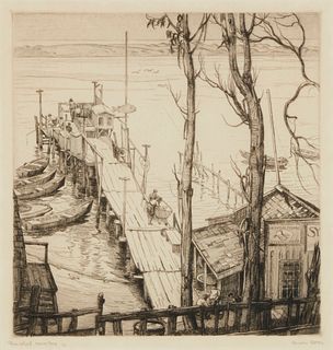 Cornelis Botke (1887-1954), "Fish Wharf - Morro Bay," Etching on paper, Plate: 10" H x 9.5" W; Sight: 10.5" H x 10.125" W