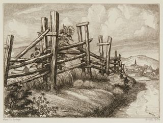 Cornelis Botke (1887-1954), "On the Road to Bodega," Etching on paper, Plate: 7" H x 9.5" W; Sight: 7.5" H x 9.875" W