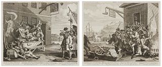 After William Hogarth (1697-1976), Two works: Plate 1 from "The Invasion" and Plate 2 from "The Invasion," Each: Printed reproduction on paper, Plate: