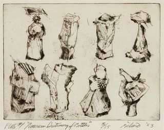 20th Century American School, "American Dichotomy of Bottles," 1963, Etching and drypoint on paper, Plate: 9" H x 12" W; Sight: 10" H x 12.5" W