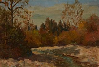 Langdon Smith (1870-1959), Landscape with stream, Oil on canvas board, 9.5" H x 13.75" W