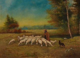 20th Century Continental School, Shepherd and his sheep, 1908, Oil on canvas, Signed indistinctly lower right: P**** Dubois, 19.75" H x 25.5" W