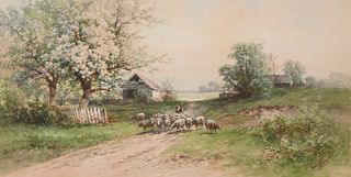 Carl Philipp Weber (1850-1921), Landscape with sheep herder, Watercolor on paper, 13.75" H x 27" W