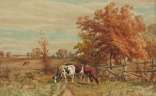 Thomas B. Craig ANA, (1849-1924), Cows grazing in a landscape, Watercolor on paper, Sight: 17" H x 27" W