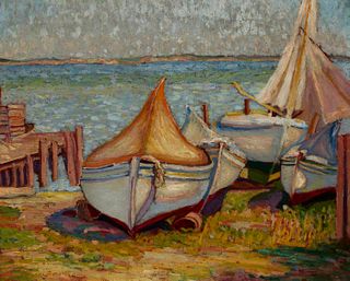 Mary Locke Brewer (1865-1950), Sailboats ashore, Oil on Masonite, 16" H x 20" W