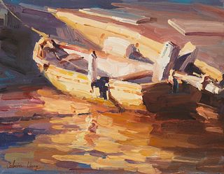 Calvin Liang (b. 1960), "The Boat in Newport Beach," Oil on canvas, 9" H x 12" W
