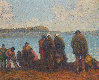 Brenetta Herrman Crawford (1875-1956), "Buying Fish, Concarneau, Brittany," Oil on canvas, 19.75" H x 24.25" W