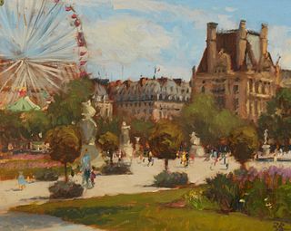 Brian Blood (b. 1962), "Sunday at the Louvre," 2002, Oil on artist board, 11" H x 14" W