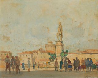 James Kerr-Lawson (1865-1939), People in a city courtyard, Oil on canvasboard, 13" H x 16" W