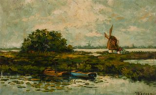 19th Century Dutch School, Landscape with windmill, Oil on canvas laid to board, 12.25" H x 19.75" W