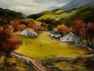 Joshua Meador (1911-1975), "Coastal Ranch," Oil on canvas, 30" H x 40" W