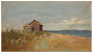 20th Century American School, Wooden shack overlooking the seas, Oil on artist board, 6" H x 10.5" W