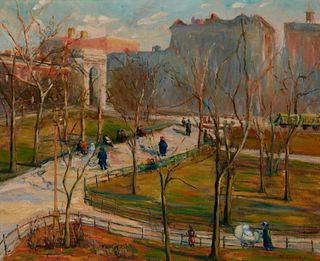 Marion Eldridge (1869-1939), Washington Square Park, New York, Oil on canvas, 18" H x 22" W