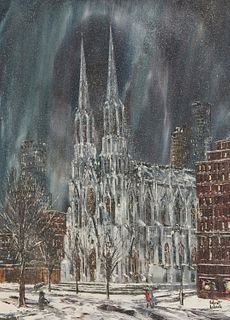 Robert LeBron (1928-2013), Cathedral in the winter, Oil on canvas, 24" H x 18" W