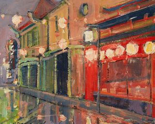 Karl Dempwolf (b. 1939), "Chinese Lanterns, A wet night in Chinatown," Oil on artist board, 10" H x 12" W