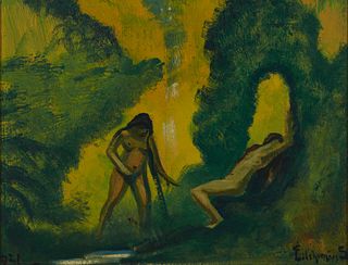 Louis Michel Eilshemius, (1864-1941, American), Nude female bathers under waterfall, 1921, Oil on sheet music laid to Masonite, 10" H x 12.75" W