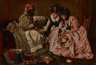 After Harry Herman Roseland (1867-1950), "Reading the Cards," Oil on canvas, 11.25" H x 16.5" W