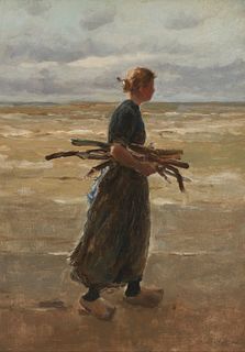 Charles Paul Gruppe (1860-1940), Dutch woman collecting wood, Oil on board, 22.5" H x 17.75" W
