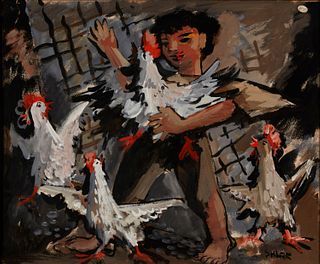 Dorothy Sklar (1906-1996), "Here Chick, Chick," Watercolor on panel, Sight: 20" H x 24" W