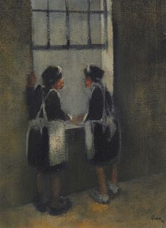 Leonard Creo (1923-2019) American), Maids looking through a window, Oil on canvasboard, 16" H x 12" W