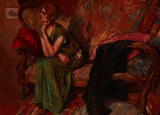 20th Century American School, Seated female figure, Oil on canvas laid to canvas, 22" H x 29" W