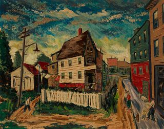 Harry Shoulberg (1903-1995), Figures in a small town, Oil on artist board, 22" H x 28" W