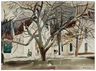 Maurice Logan (1886-1977), Figures walking along a path with trees and buildings, Watercolor on paper, Sight: 18i H x 24i W
