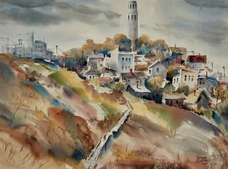 Harold Gretzner (1902-1977), "Coit Tower," 1960; and house in the forest, Watercolor on double-sided paper, Sight of recto: 20.75" H x 27.875" W; Sigh