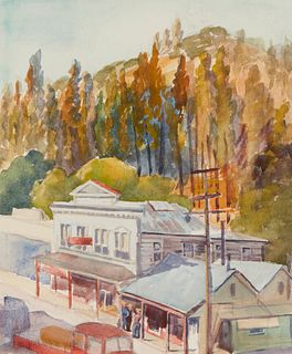 Elsie Palmer Payne (1884-1971), "Covered Sidewalk, Mariposa," Watercolor on paper, Sight: 13.5" H x 11.25" W