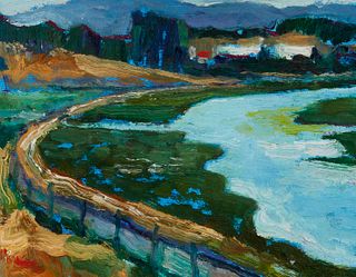 Lundy Siegrist (1925-1985), Coastal landscape, Oil on canvas, 8" H x 10" W