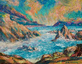 Stephen de Hospodar (1902-1959), Rocky coastal landscape with crashing waves, Oil on canvas, 16.25" H x 20.25" W