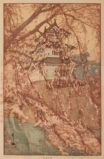 Hiroshi Yoshida (1876-1950), "Hirosake Castle," Woodcut in colors on paper, Image: 14.75" H x 9.75" W; Sight: 15.5" H x 10.375" W