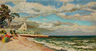 Nikolay Gelikhovsky (1898-1992), Windy beach, 1939, Oil on Masonite, 13.25" H x 23.25" W