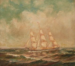 Frederick Leo Hunter (1858-1943), Sailing ship at sea,1923, oil on canvas, 11" H x 13" W