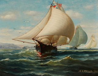 Seth Arca Whipple (1855-1901), iHugging the Coast,i 1884, Oil on canvas laid to board, 8" H x 10" W